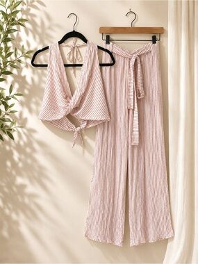 Striped Pink Wrap Beach Pants & Matching Wrap Tank - Olivaceous